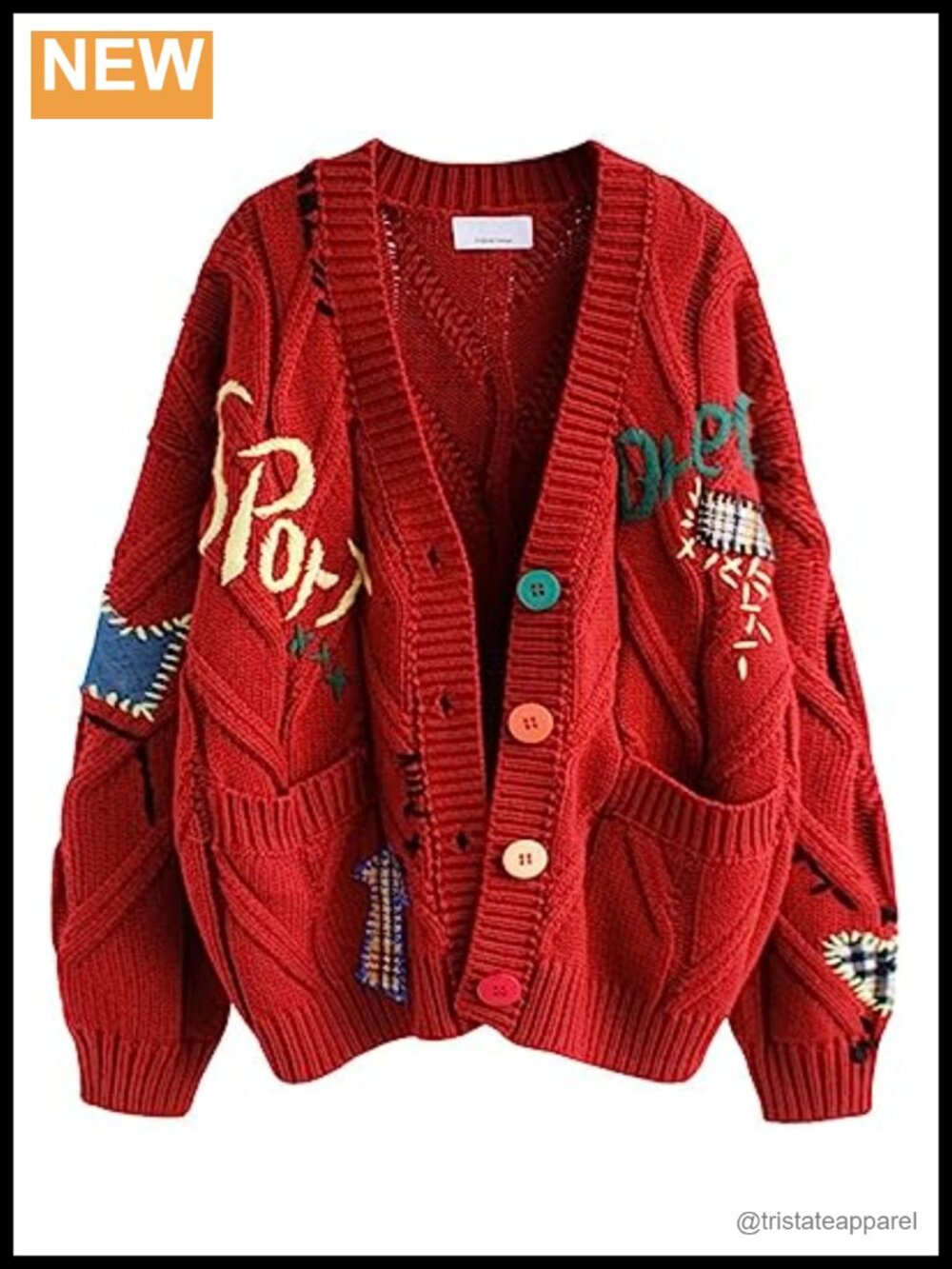 Chunky Cable Knit Cardigan Embroidered Button Down Long Sleeve Sweater